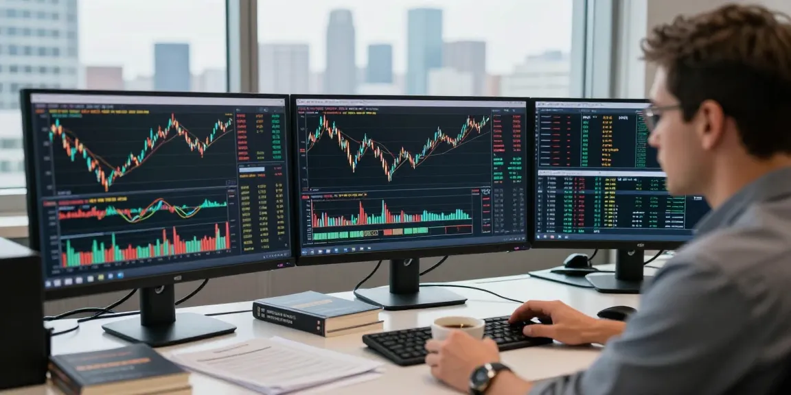 在TradingView官网监控金融市场的交易者，专注于显示图表和技术指标的多屏幕工作站。