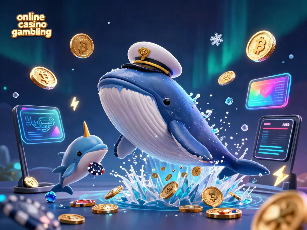 Engaging illustration of online casino gambling with a playful whale, narwhal, and dolphins amidst coins and crypto elements.