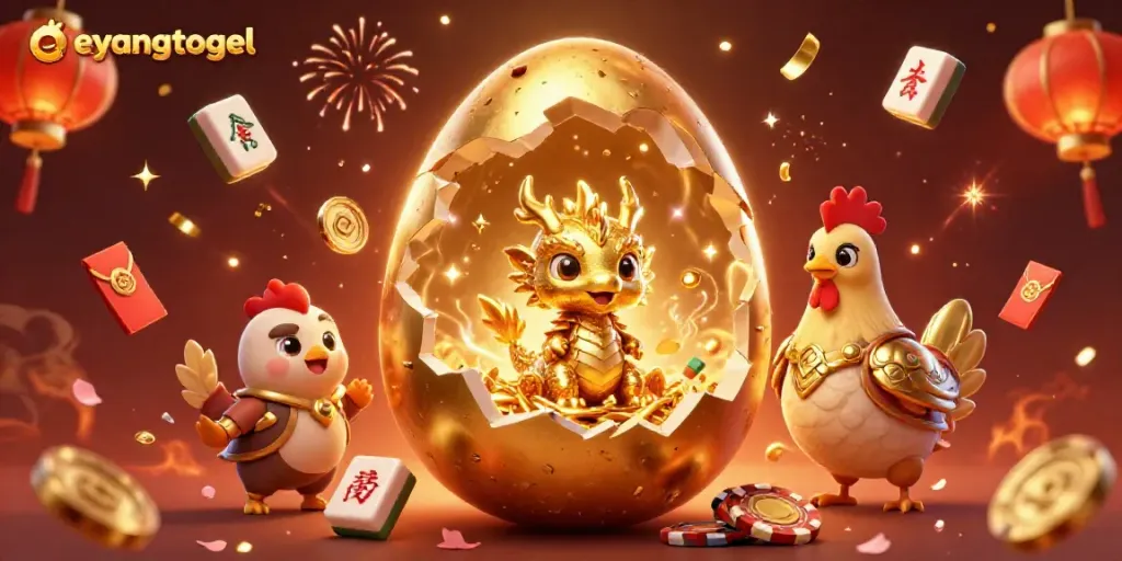 Experience the thrill of eyangtogel with a vibrant 3D scene showcasing a golden dragon and poker chips amid festive elements.