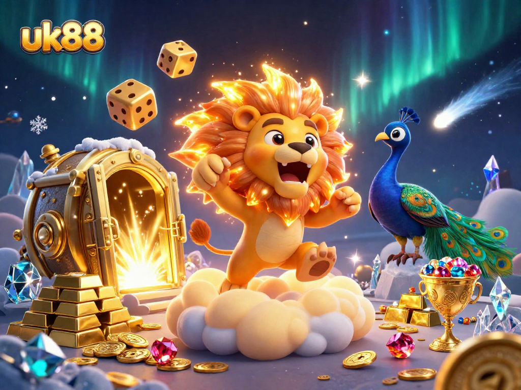 Bet on big wins with uk88 in this dynamic casino scene featuring whimsical characters and treasures.