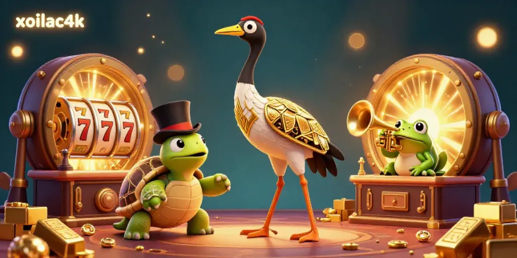 Engage with xoilac4k’s vibrant 3D casino scene featuring slot reels, golden treasures, and lively characters.