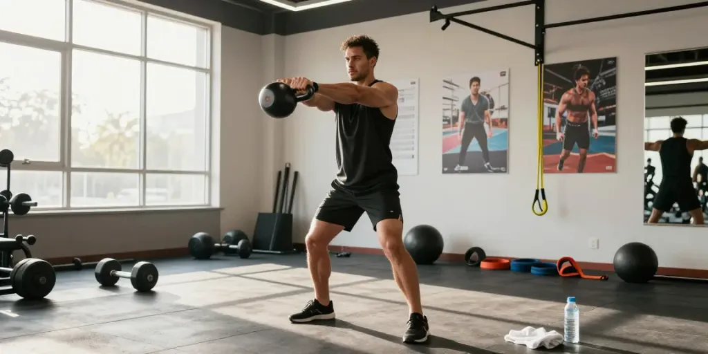 TB-500 peptide benefits illustrated by an athlete performing kettlebell swings in a bright gym.