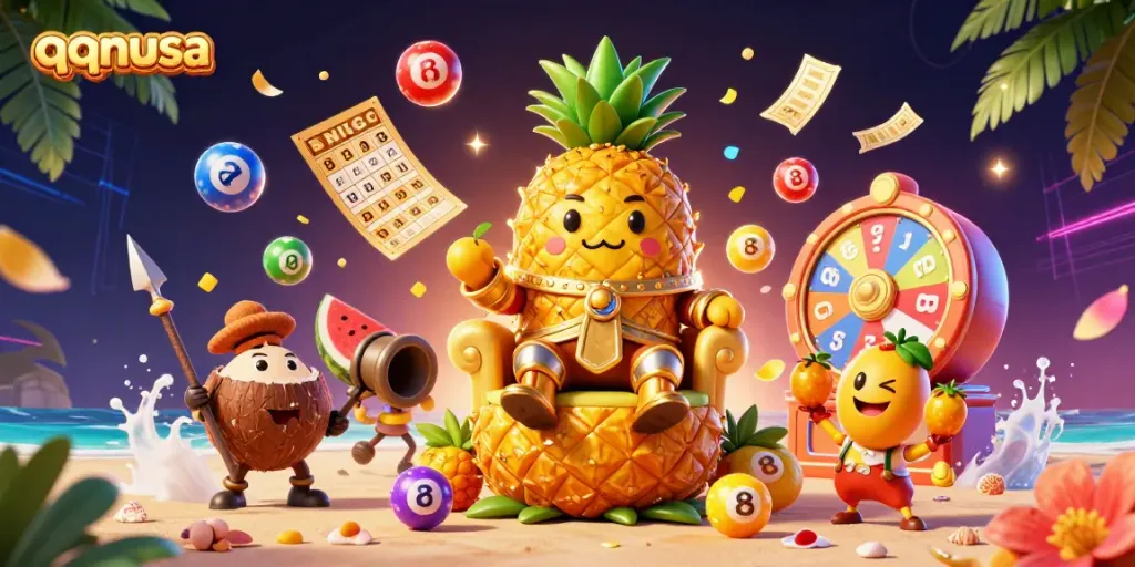 Experience the excitement of qqnusa with a vibrant 3D casino scene featuring a golden pineapple king and interactive lottery elements.