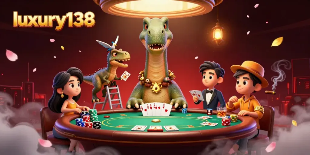 Experience the excitement of luxury138 with a unique illustration of a thrilling casino scene featuring a whimsical brontosaurus and clever raptor participating in poker.