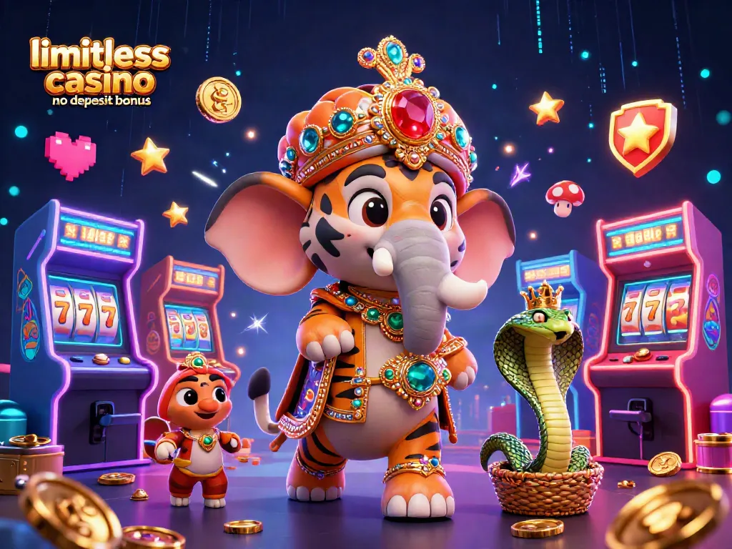 Experience the limitless casino no deposit bonus with vibrant characters and slot elements in this rich 3D illustration.