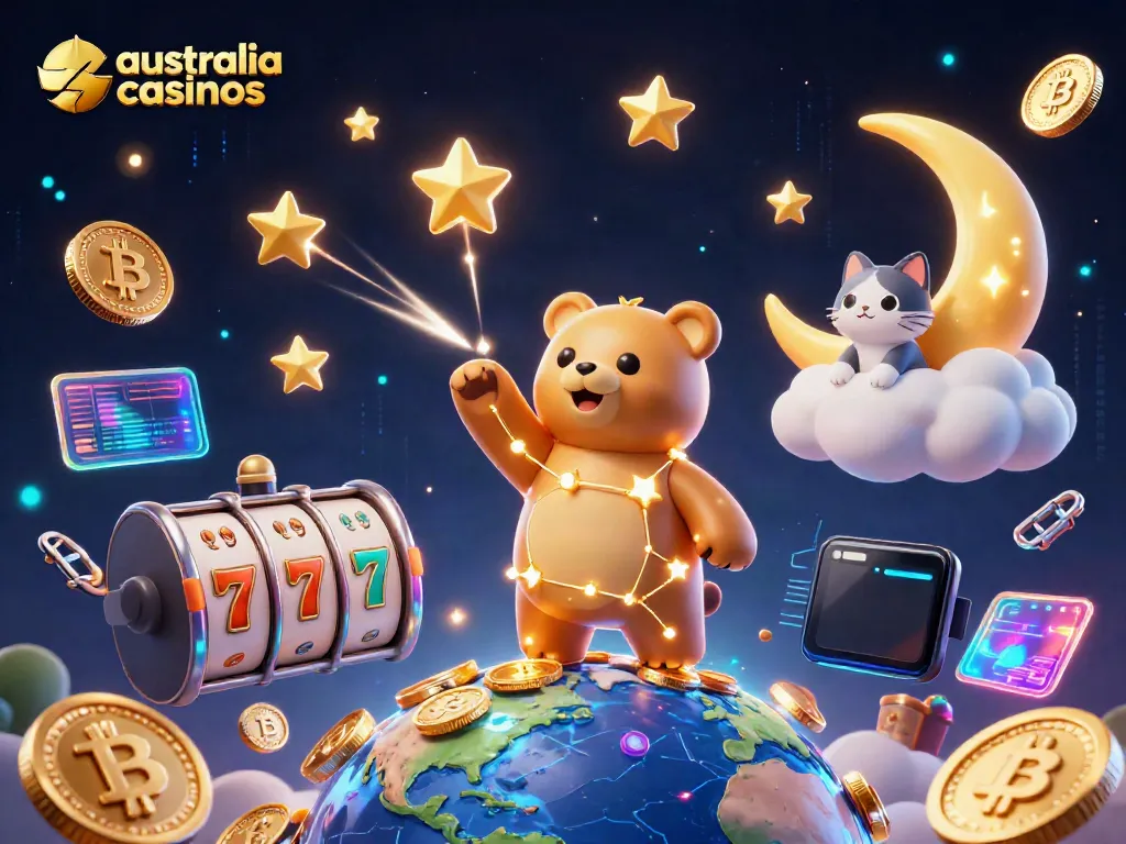 Engage with thrilling australia casinos featuring a starry bear, coins, and crypto elements.
