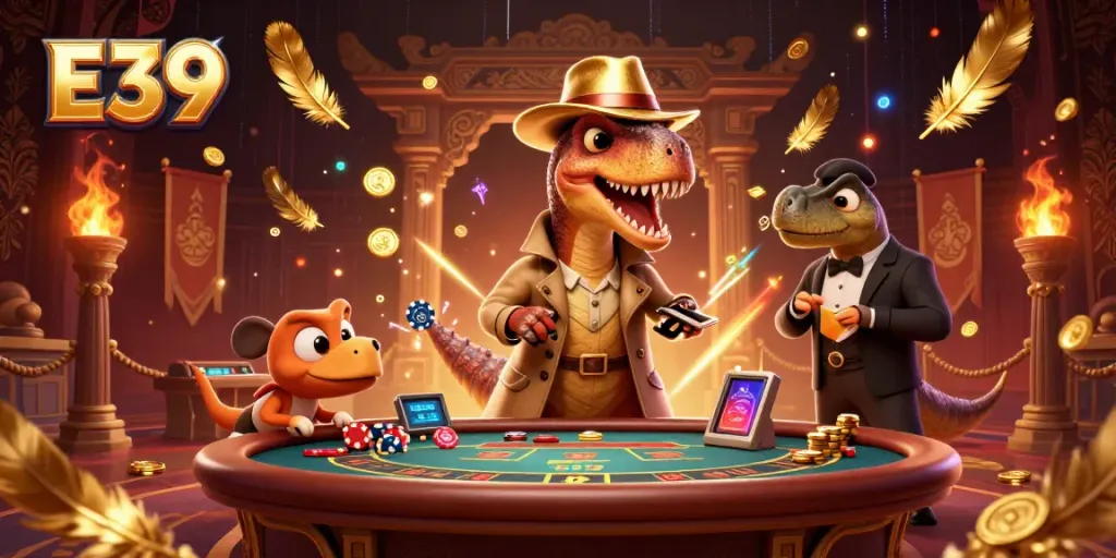 E39 excels in casino excitement with charming 3D characters at a blackjack table.