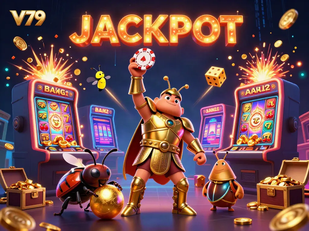 V79's online casino features a heroic beetle winning big with slots, chips, and jackpot fireworks.