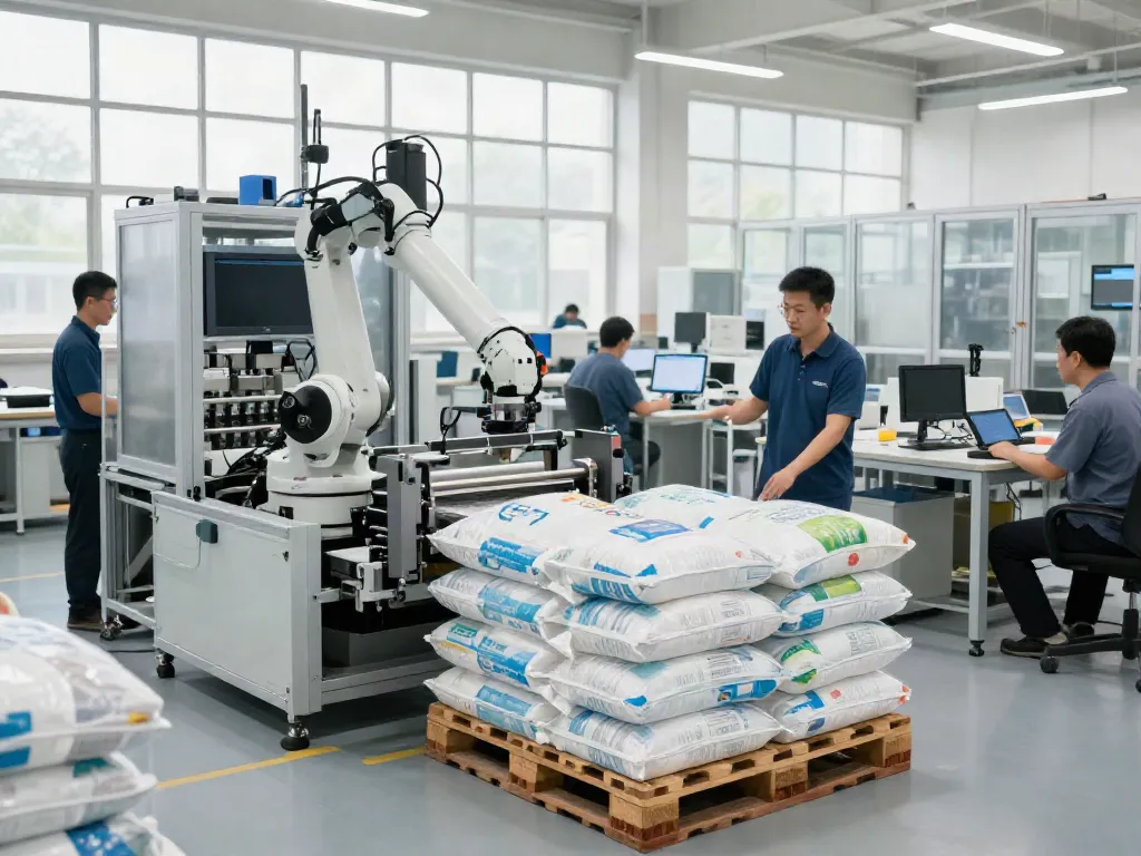 Automatic bag palletizer machine efficiently stacking bags in a modern manufacturing facility.