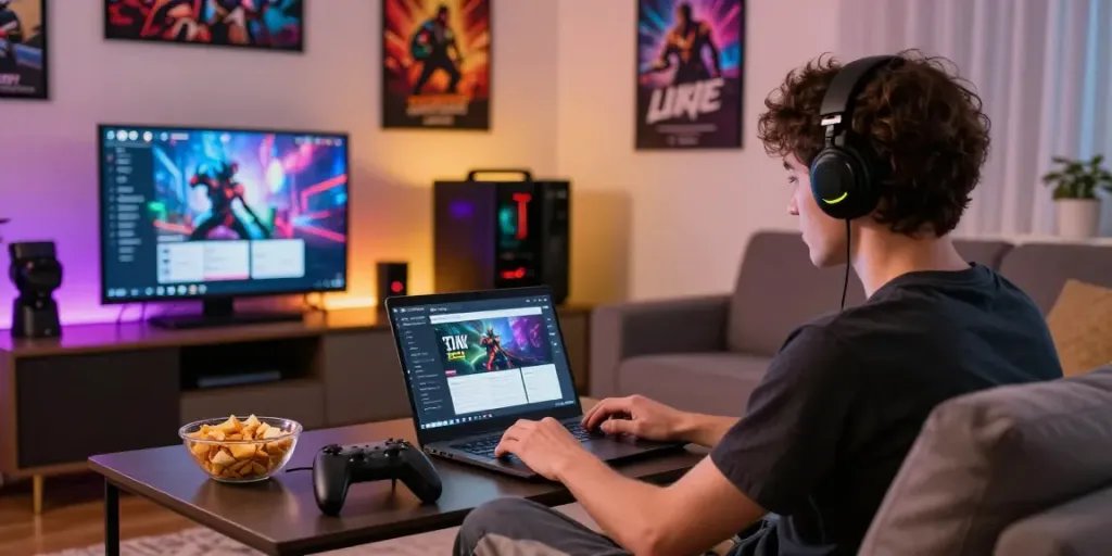 Player engaging with link slot777 on laptop in cozy gaming setup.