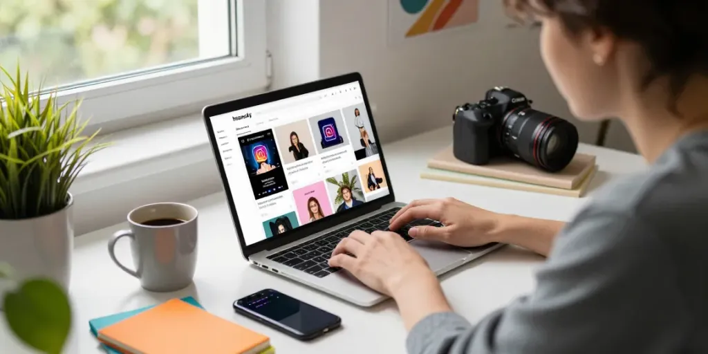 Individual using Insanony tool on laptop in cozy home office, analyzing Instagram stories privately.