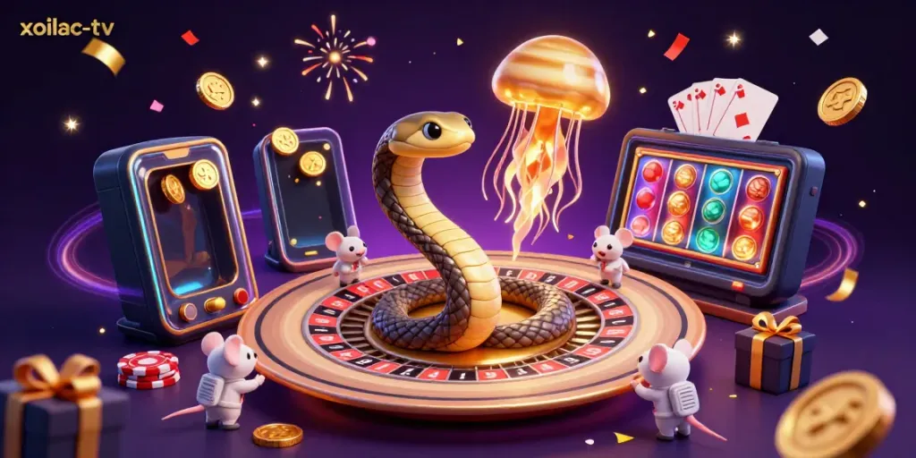Xoilac-tv sports betting scene with astronaut mice placing bets and cosmic dealer jellyfish.