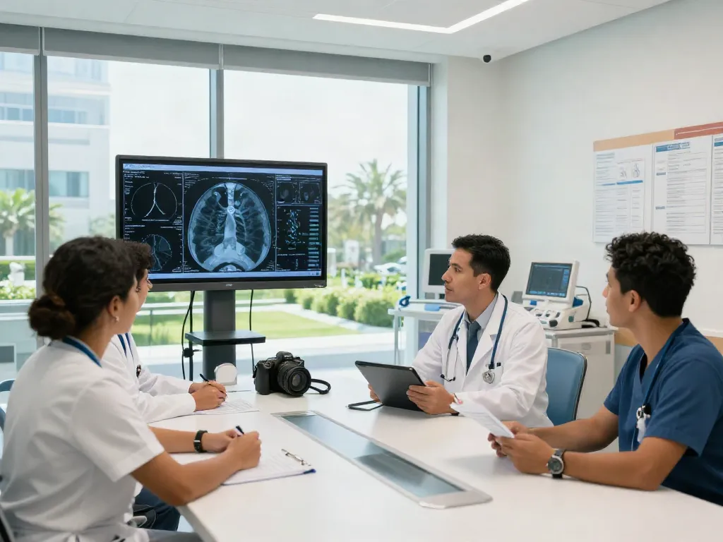 Lung cancer hospital in Abu Dhabi featuring a multidisciplinary team collaborating on patient care strategies in a bright, modern conference room.