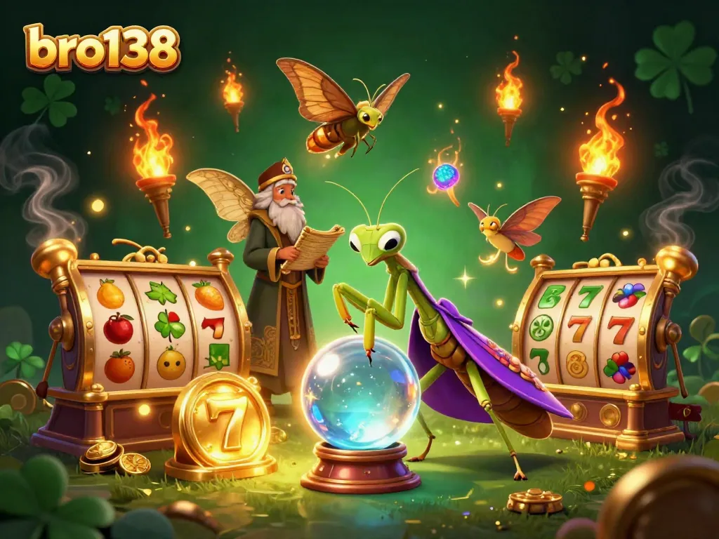 Experience thrilling gaming at bro138 with vibrant slot reels and a mystical atmosphere.