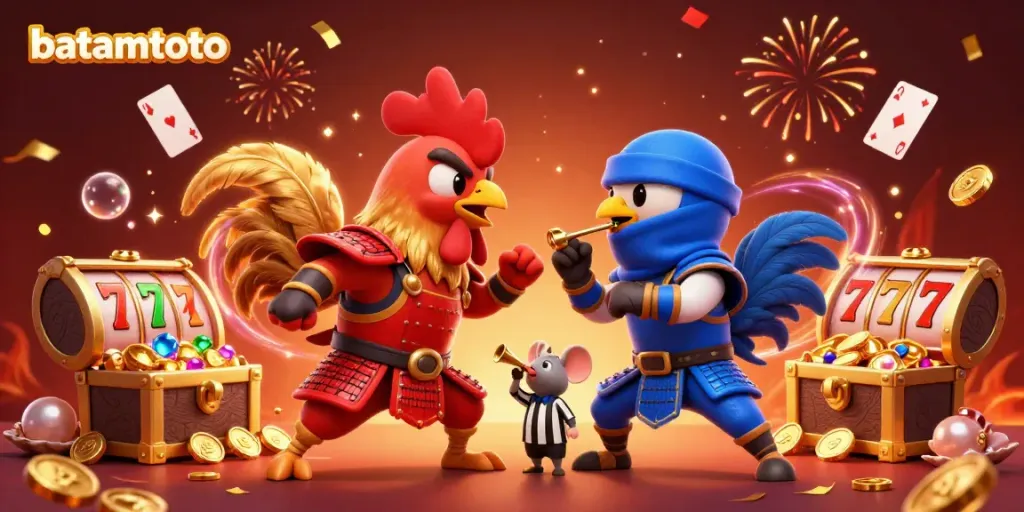 Experience thrilling moments at batamtoto with cartoon fighting roosters in a vibrant casino showdown.