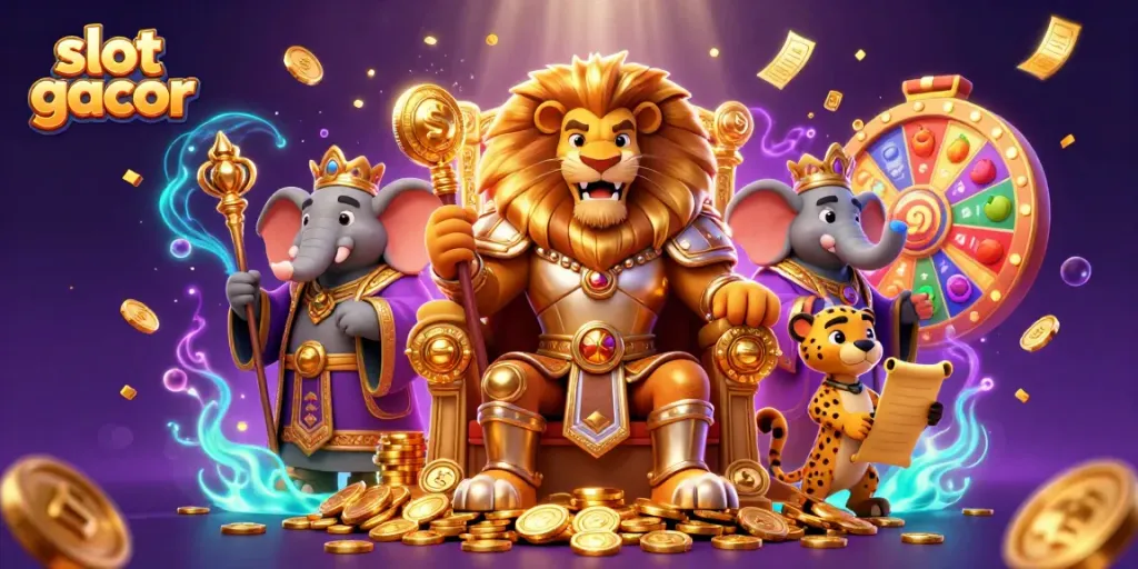 Experience the excitement of slot gacor with a thrilling scene featuring a regal lion, wise elephant, and speedy cheetah amidst dynamic gaming elements.
