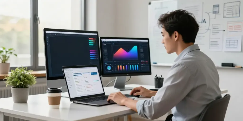 AI content creation for consultants in a modern office workspace.
