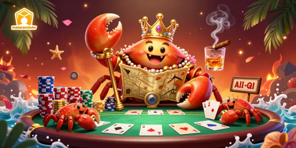 Join the Casino Fun with Mataramtoto, the ultimate poker showdown with a golden crab emperor and vibrant chips.