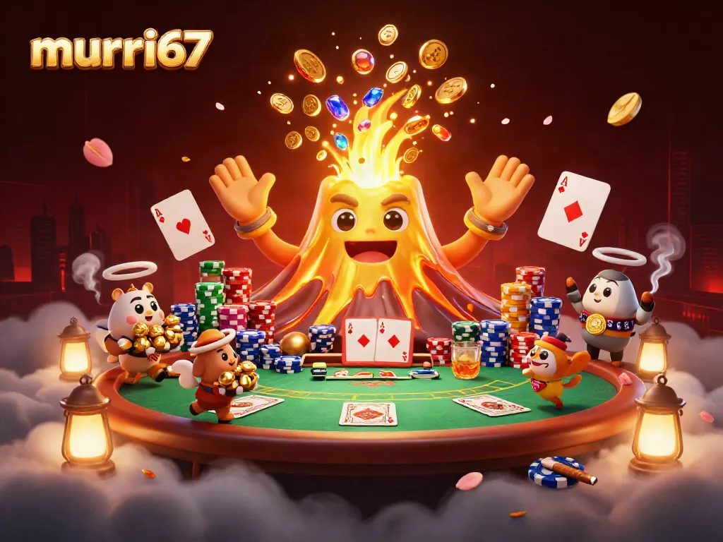 Win big with murai67 as a volcano of coins erupts amidst thrilling poker elements.