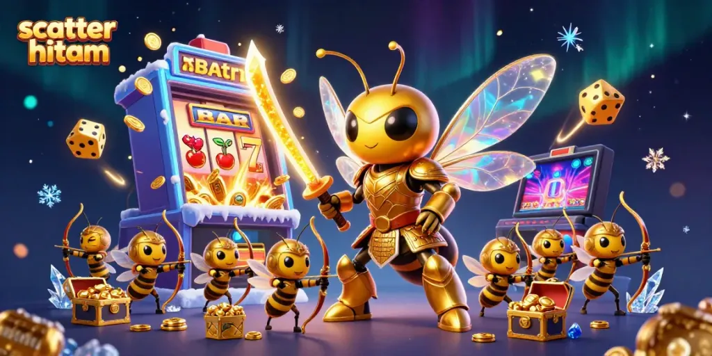 Engage with scatter hitam as vibrant 3D casino scene unfolds with dynamic characters and luminous game elements.