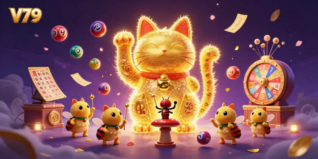 Experience fun at V79 with a giant lucky cat formed by golden fireflies, surrounded by vibrant gambling elements.