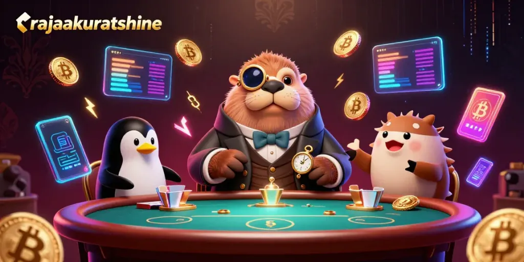 Engage with rajaakuratshine at an underwater poker table with vibrant 3D characters and crypto elements.