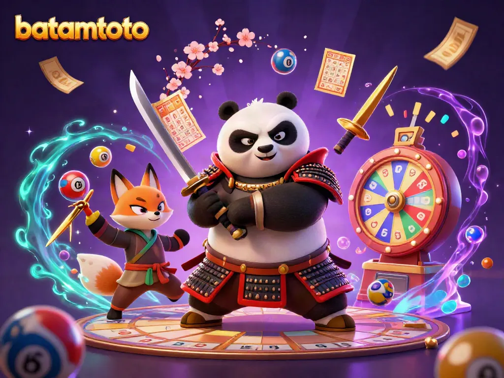 Engaging batamtoto scene featuring a samurai panda, ninja fox, and magical tanuki amidst lottery symbols.