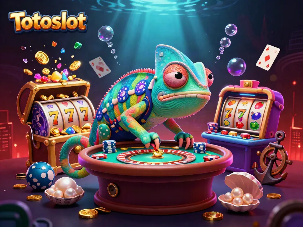 Totoslot menampilkan ilustrasi kasino dengan chameleon 3D dan simbol slot penuh warna.