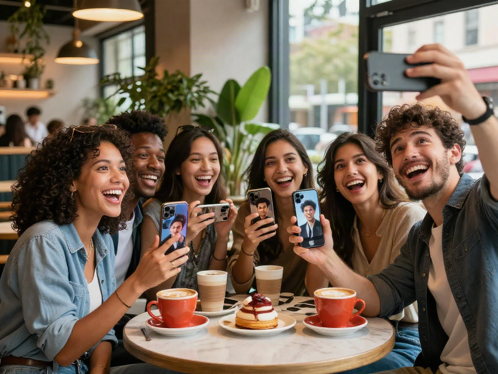 Café scene with friends using "celebrity i look like" app, sharing laughs and drinks.
