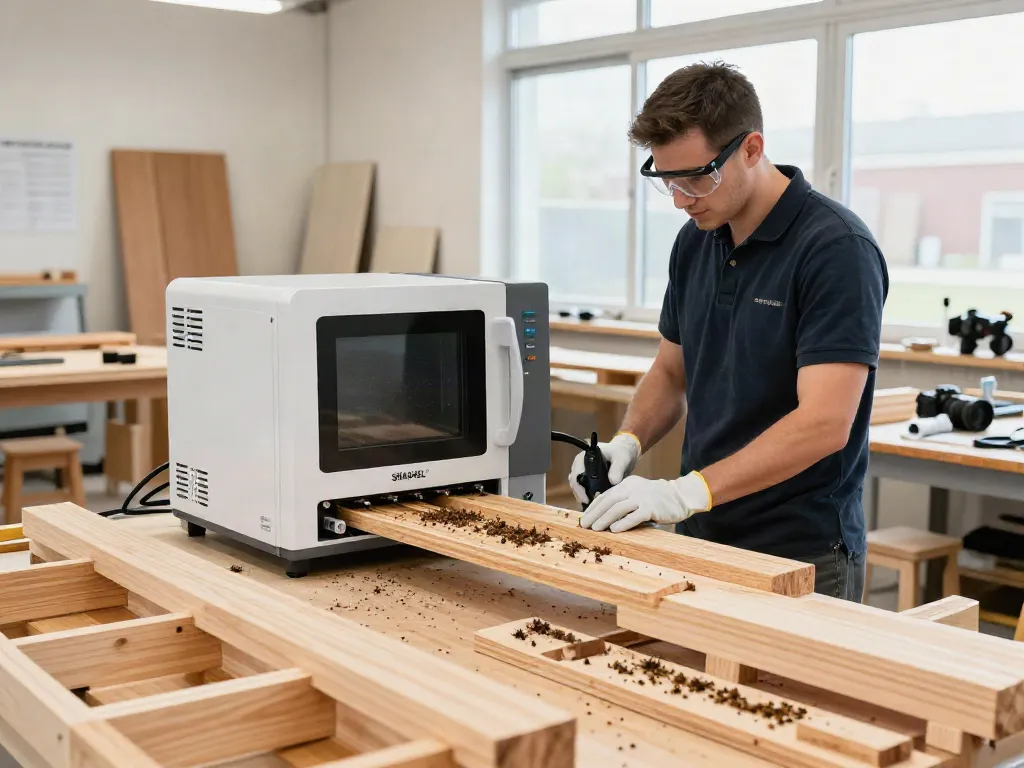 SHASHEL® microwave equipment in action, effectively eliminating wood-boring insects in a professional workshop.
