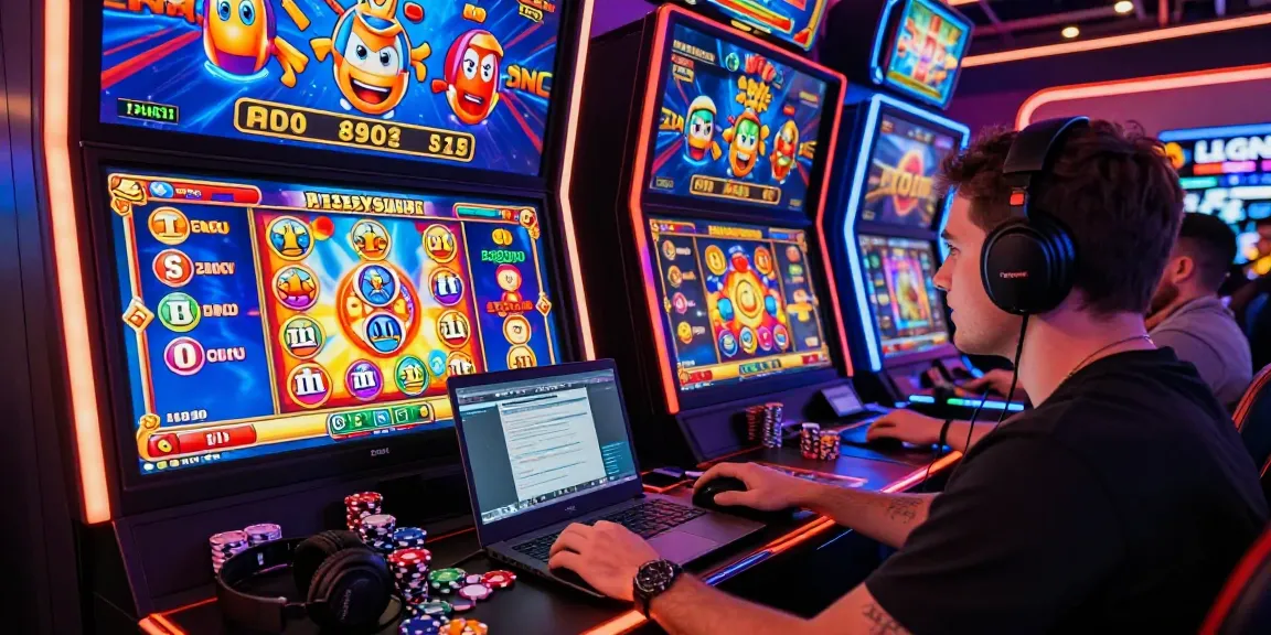 Engaging player enjoying bandar slot games in a bustling online casino atmosphere.