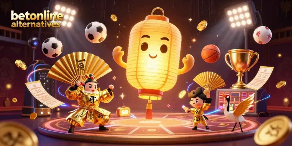 Engage with betonline alternatives through a vibrant casino scene featuring golden lantern spirits and sports betting elements.