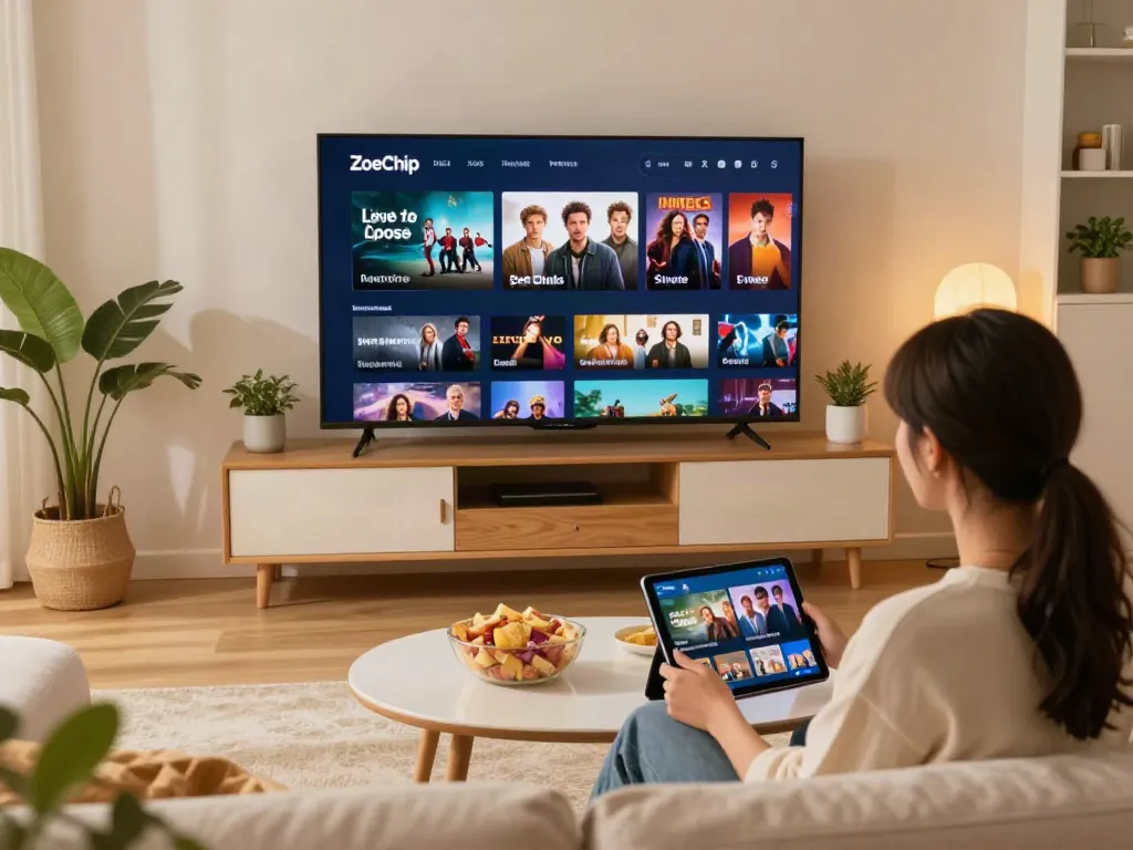 Enjoying cozy movie night with ZoeChip streaming in a warm living room atmosphere.