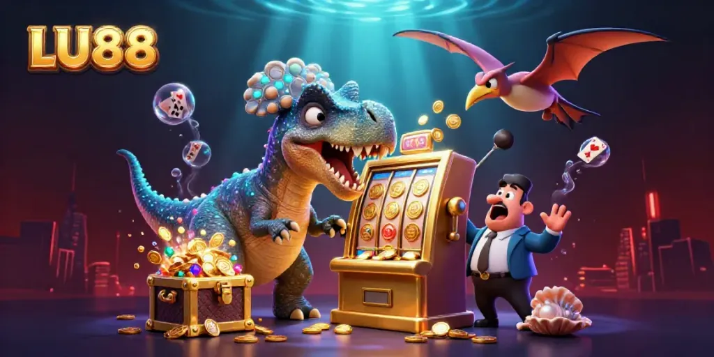 LU88 slot machine pays out coins as a pachycephalosaurus hits it while a pteranodon catches coins.