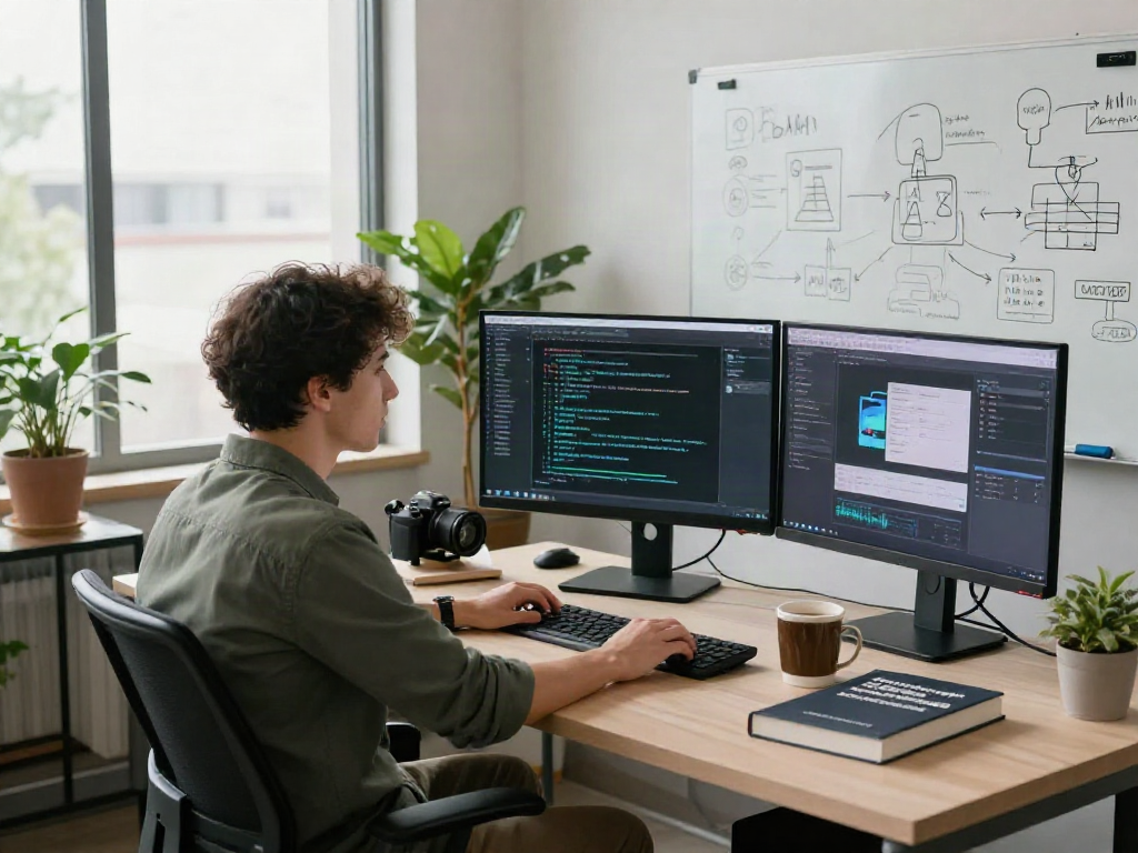 Programmer working on a sex bot AI project in a modern office