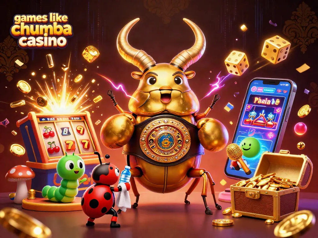 Engage with games like chumba casino in an action-packed, colorful casino illustration.