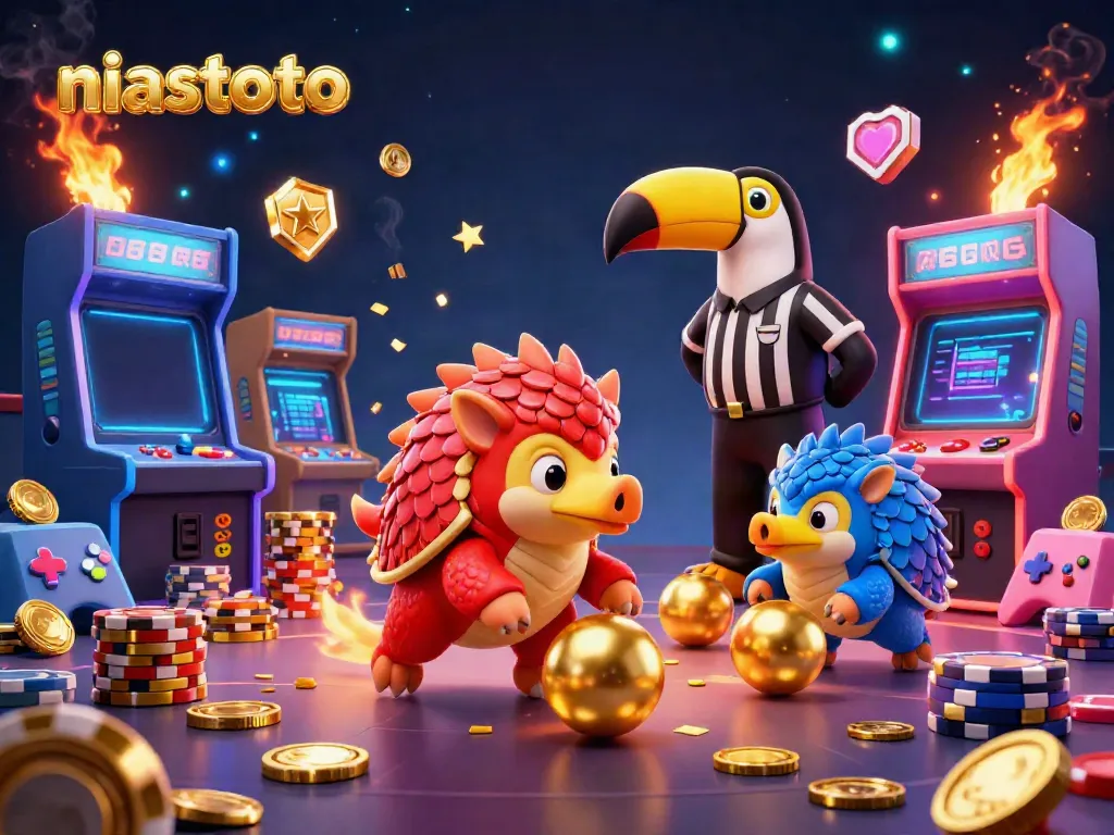 Experience niastoto excitement with rival pangolins bowling through poker chips in a vibrant casino scene.