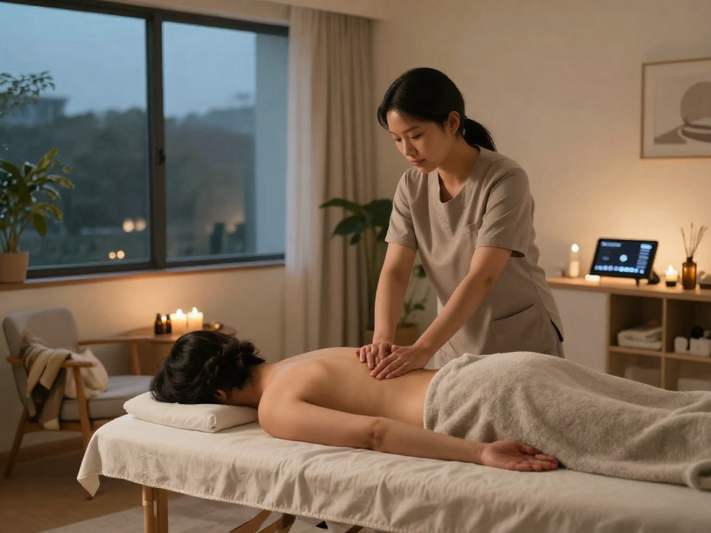 Experience 강남출장안마 in a calming home massage environment with soothing decor and warm lighting.
