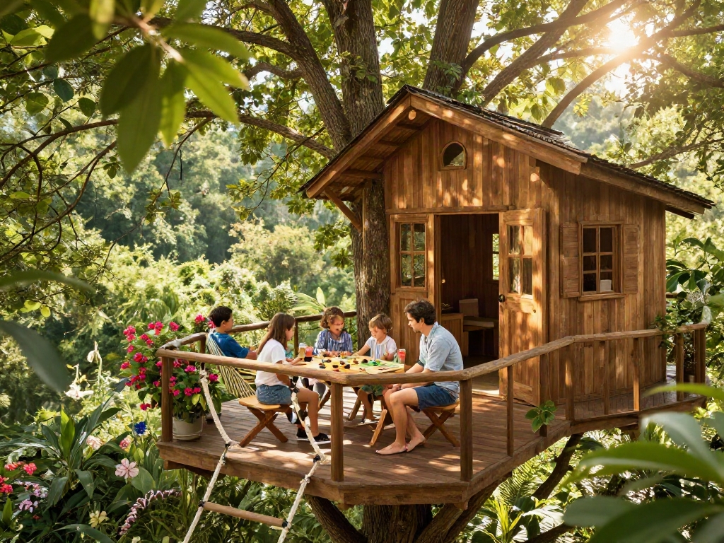 Family enjoying tree house life while playing games in a lush forest.