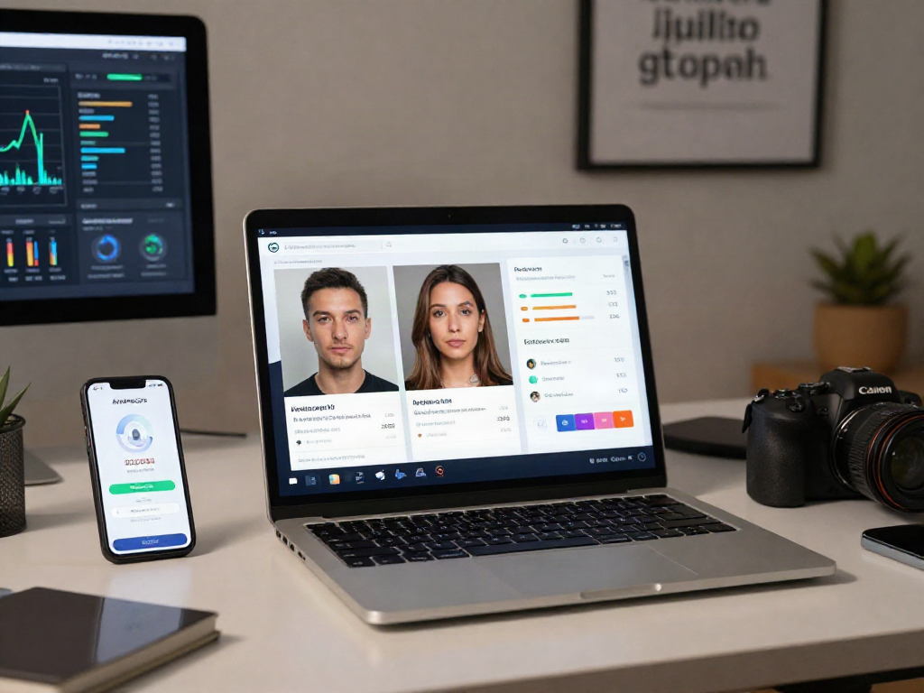 Test attractiveness through AI analysis with user interface displaying facial symmetry and rating.
