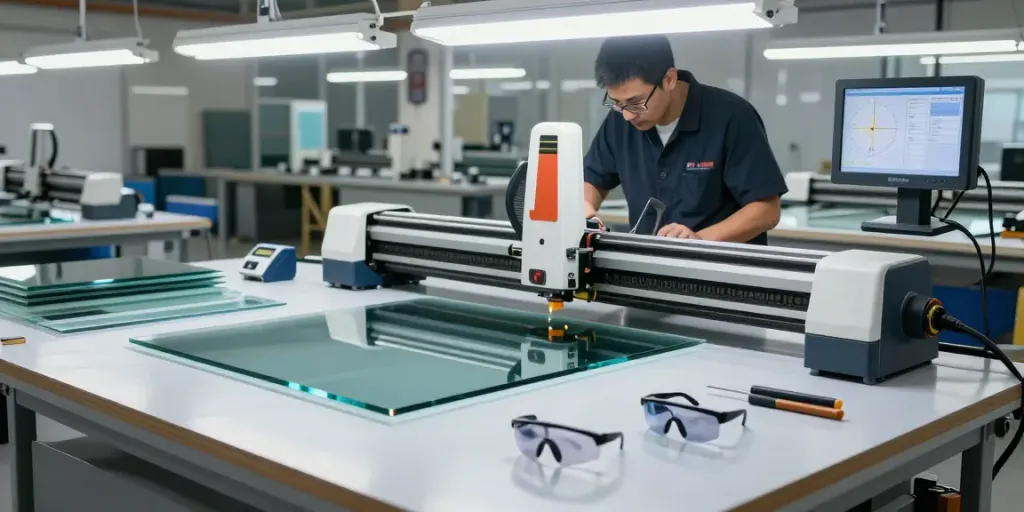 Technician operating a glass cutting machine in a well-lit workshop.