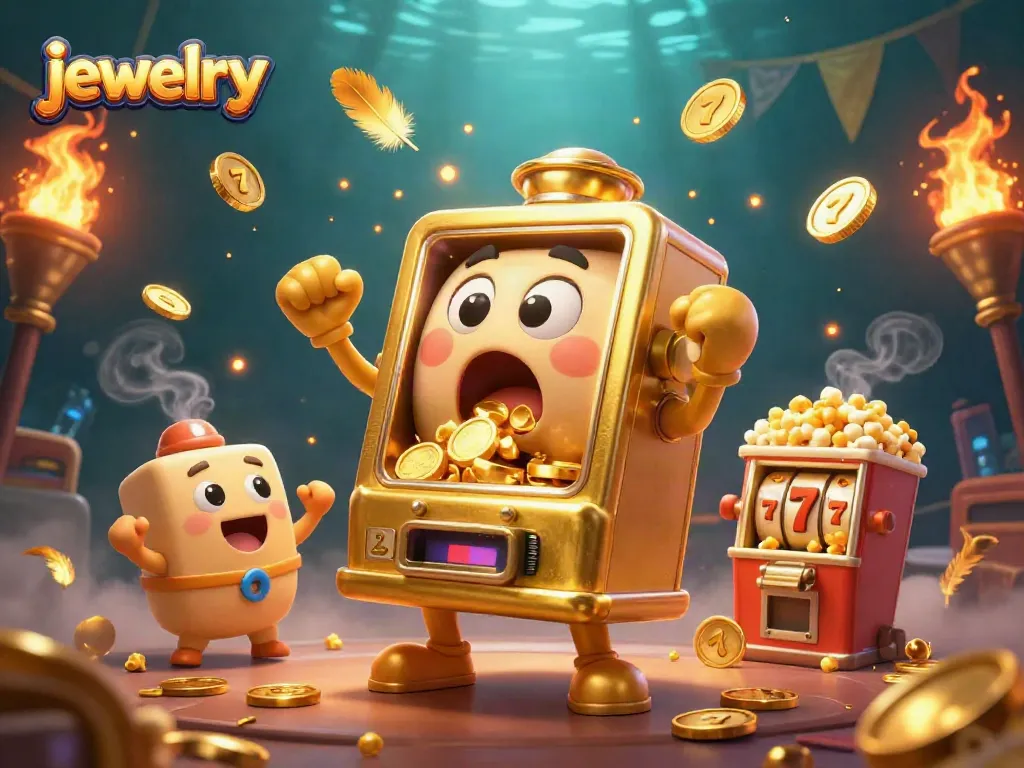 Jewelry-themed thrilling instant jackpot celebration with a golden slot machine and joyful baby slots