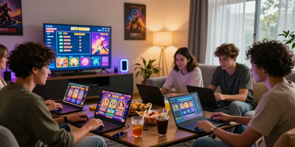 Diverse friends enjoying proplay88 online slots in a lively gaming room with snacks and vibrant graphics.