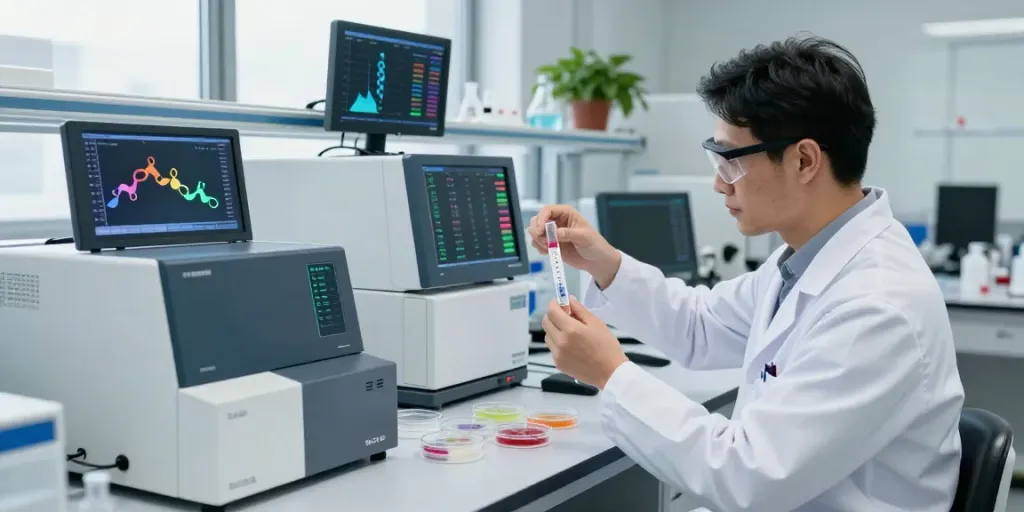 Scientist in a lab analyzing peptide prices with high-tech equipment and research data.