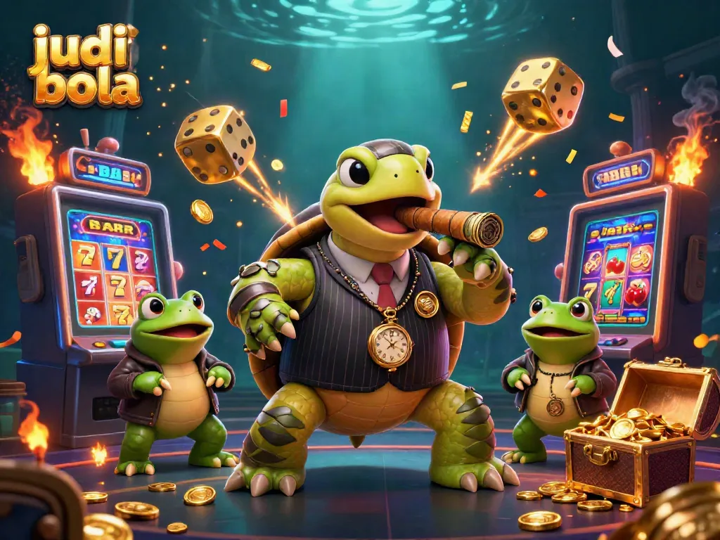 Experience exhilarating judi bola action with a vibrant, cartoon-style casino scene featuring a turtle in a mobster suit.