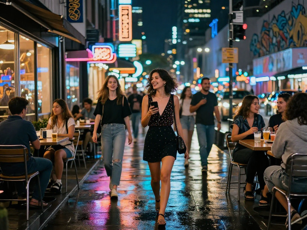 Gái gọi đang tận hưởng không khí sôi động của phố đêm với bạn bè.