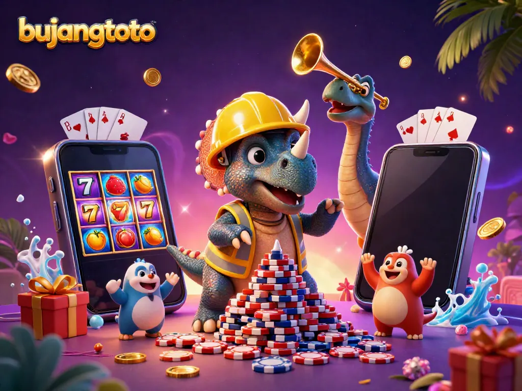 Join the fun with bujangtoto as a triceratops builds poker chips and celebrates with dinosaurs.