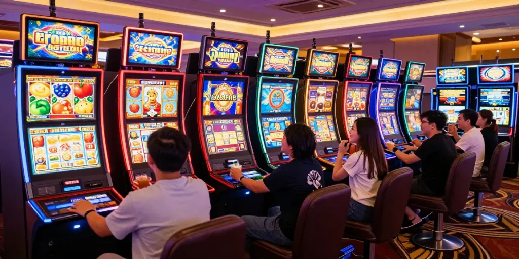 Players enjoying vibrant slot machines in a modern casino, celebrating wins in the exciting world of สล็อต.