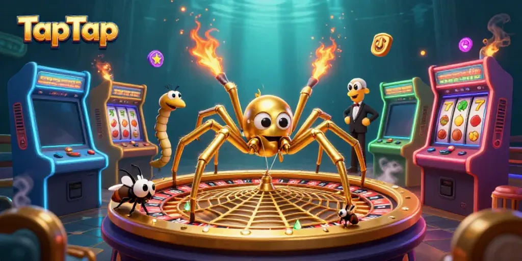 Engage with TapTap's thrilling betting scene featuring a spider, fly, and centipede in a vibrant casino.