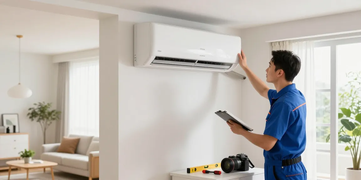 Central type AC installation process with technician ensuring optimal placement and functionality in bright modern home.